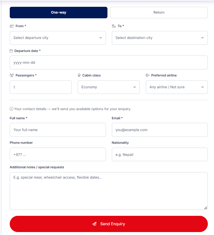 Dream International International flight inquiry collection form