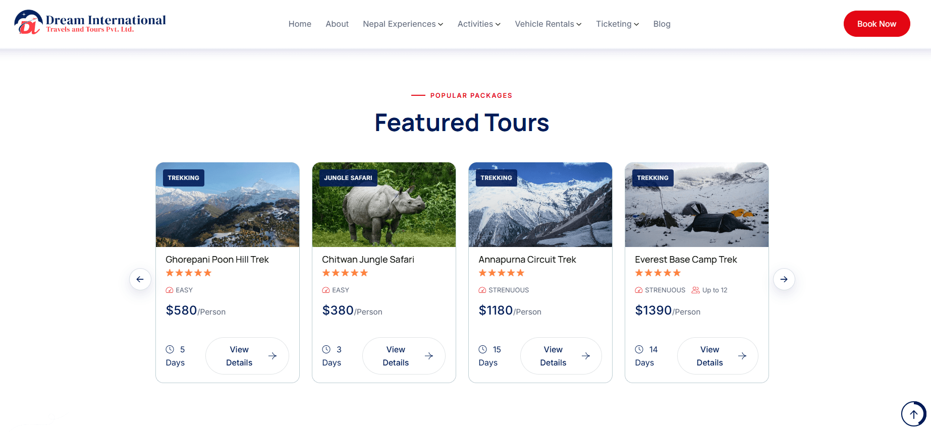 Dream International Featured tours section
