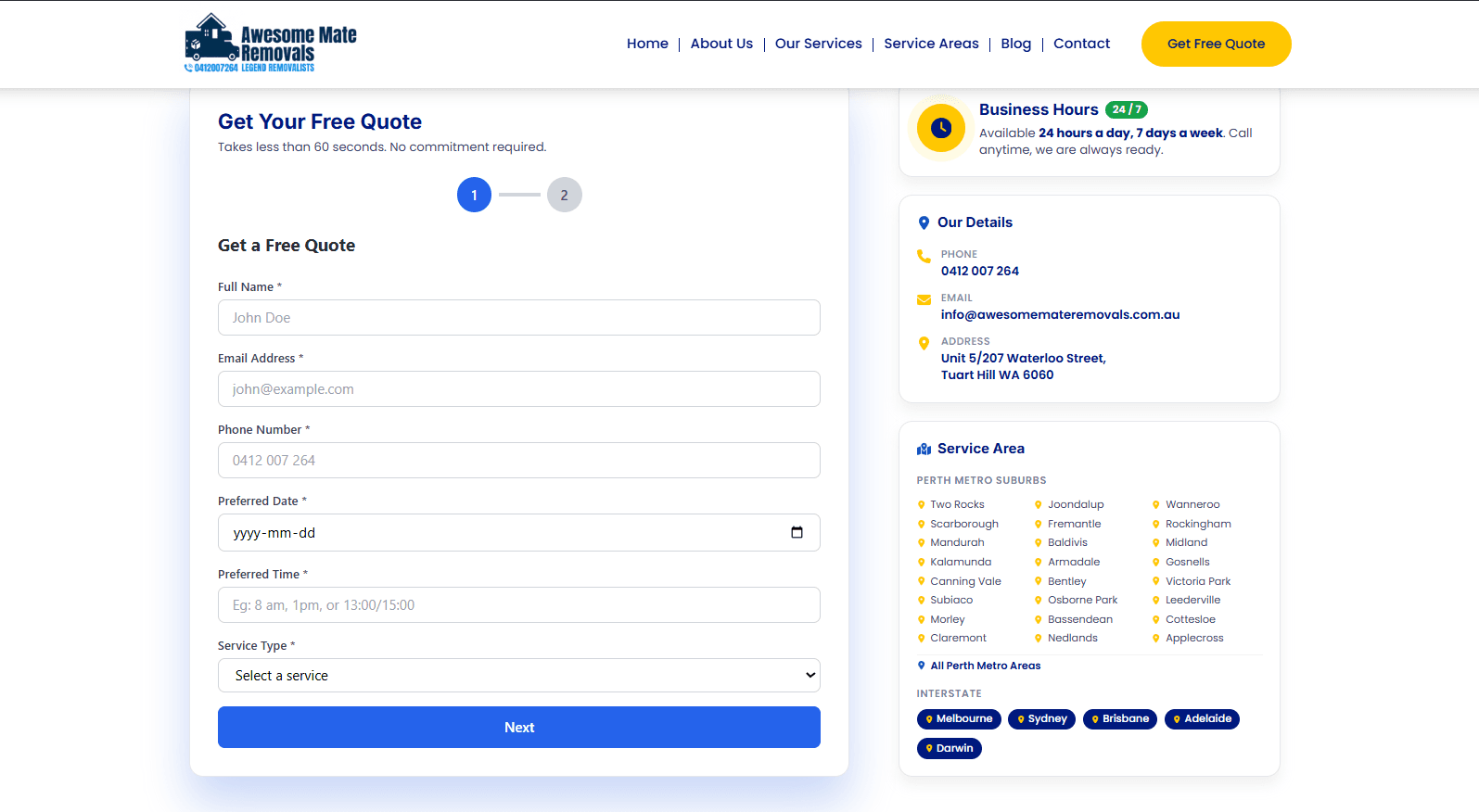 Awesome Mate Removals contact form